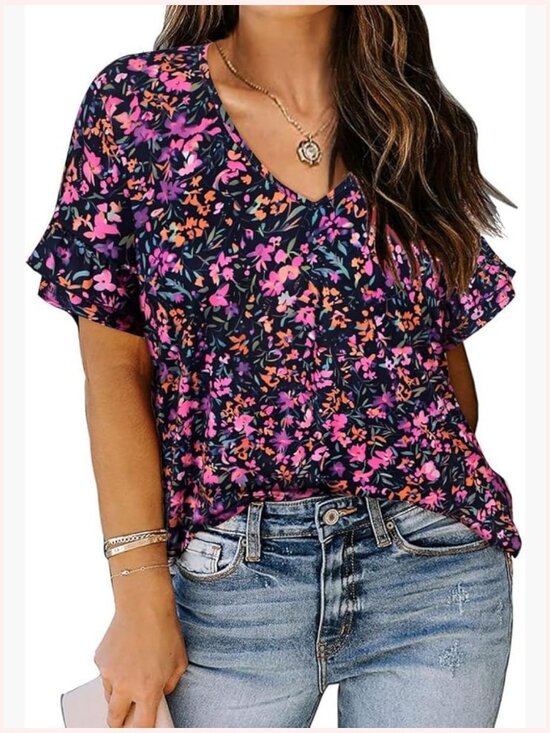 Tops - Plus Size V Neck Tunic Blouse with Ruffle Short Sleeves Loose Fit Floral